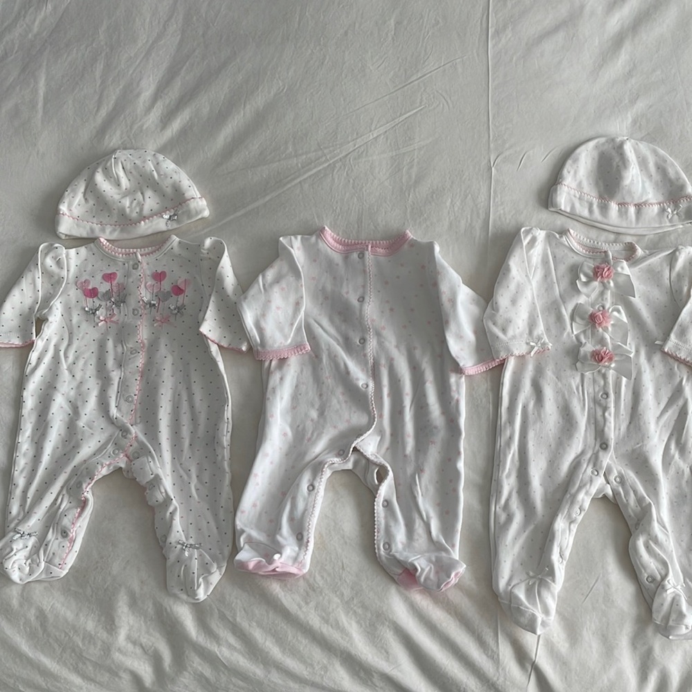 Baby Girls White and Pink Footed One-Piece Rompers - 3-Pack